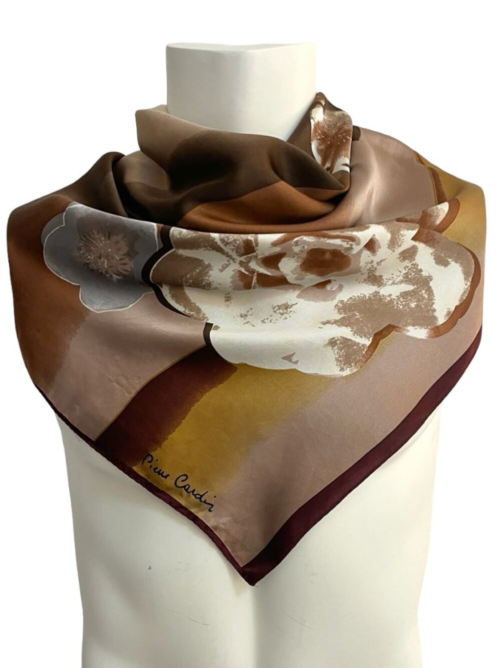 Pierre Cardin Oversized Silk Scarf 64" x 34" Abstract Floral Brown Gold